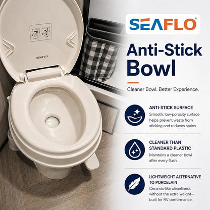 SEAFLO Bone RV Toilet, Residential Height 18.4", Gravity Flush Foot Pedal, Soft Close Seat, Camper Toilet for RV Motorhome Travel Trailer, Parchment, SFRTPH-02-01, 4-Year Warranty