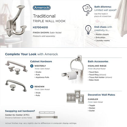 Amerock H37004G10 | Vicinity Triple Prong Decorative Wall Hook | Satin Nickel Hook for Coats, Hats, Backpacks, Bags | Hooks for Bathroom, Bedroom, Closet, Entryway, Laundry Room, Office