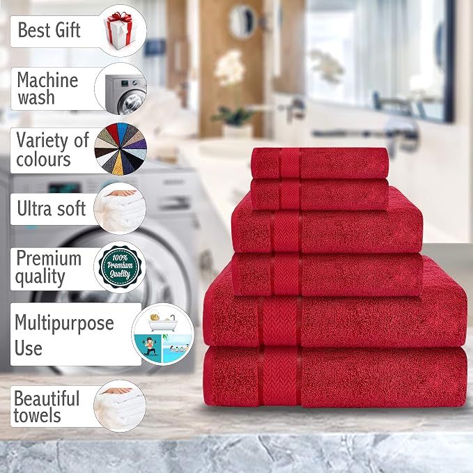 6 Piece 100% Cotton Bath Towel Set -2 Bath -2 Hand -2 Face, Red | 100% Cotton • Thick & Plush • Hotel Quality • Ultra Soft • Highly Absorbent • Quick Dry • Low Lint • Machine Washable