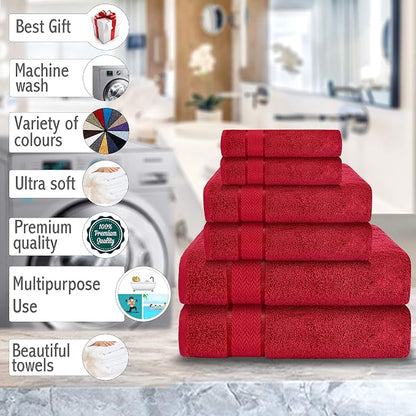 6 Piece 100% Cotton Bath Towel Set -2 Bath -2 Hand -2 Face, Red | 100% Cotton • Thick & Plush • Hotel Quality • Ultra Soft • Highly Absorbent • Quick Dry • Low Lint • Machine Washable