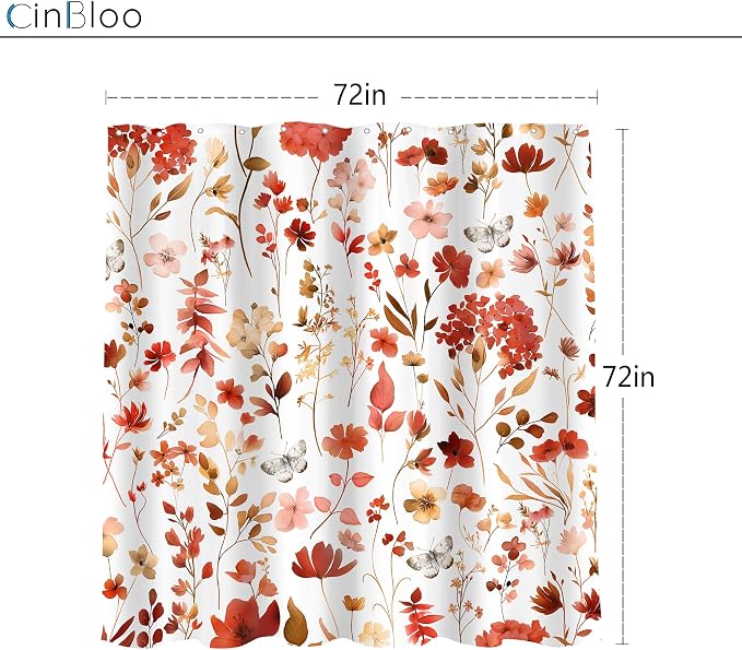 Red Burgundy Fall Autumn Floral Flower Bathroom Shower Curtain Set | 72"W x 72"H Plants Leaves; waterproof HD print, quick-dry fabric and plastic hooks for easy setup.