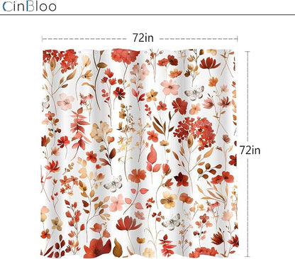 Red Burgundy Fall Autumn Floral Flower Bathroom Shower Curtain Set | 72"W x 72"H Plants Leaves; waterproof HD print, quick-dry fabric and plastic hooks for easy setup.