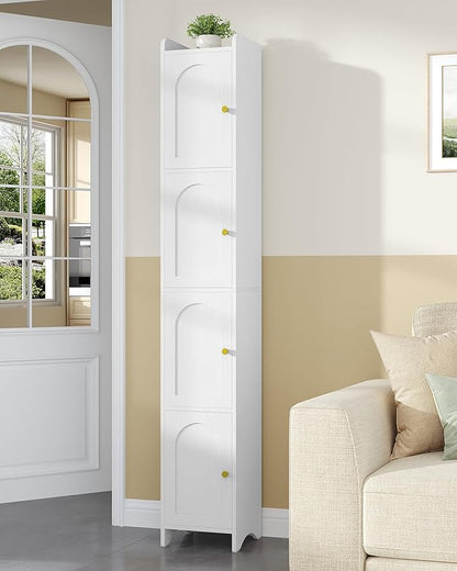Bathroom Storage Cabinet, Tall Corner Floor Cabinet with 4 Doors and Adjustable Shelf, Narrow Toilet Paper Cabinets, Bathroom Organizer for Small Spaces, 11" D x 11" W x 70.9" H White