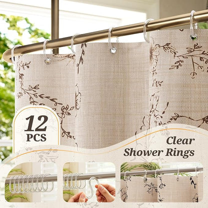 Vintage Floral Shower Curtain with 12 Clear Rings - 72" W x 84" L | Farmhouse Fabric Faux Linen Shower Curtain Set, French Country Cottagecore Style Shower Curtain for Bathroom