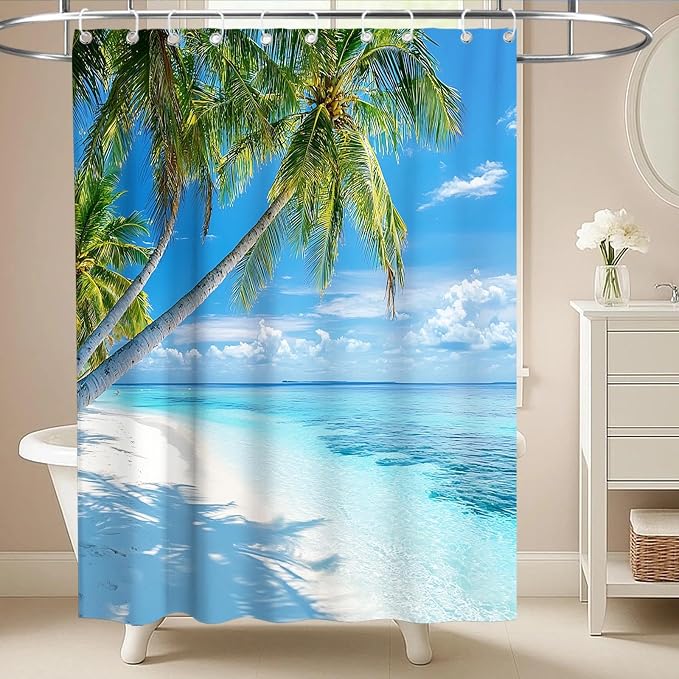 Beach Modern Ocean Shower Curtain Summer Coastal Tropical Palm Tree Trendy | Nature Shower Curtains for Bathroom, Waterproof Bath Curtain with Hooks Machine Washable Bathtub Curtains 60x72 Inch Green