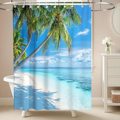 Beach Modern Ocean Shower Curtain Summer Coastal Tropical Palm Tree Trendy | Nature Shower Curtains for Bathroom, Waterproof Bath Curtain with Hooks Machine Washable Bathtub Curtains 60x72 Inch Green