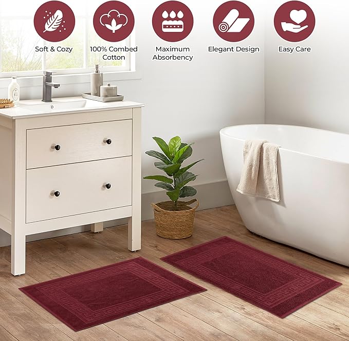 Superior Heavyweight Cotton Bath Mats, 2-Piece Rugs For Bathroom Accessories, Washable Rug For Shower, Toilet, Modern Decor, No Backing, Luxury Hotel And Spa Quality, Set of 2, 22" x 35", Burgundy