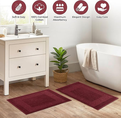 Superior Heavyweight Cotton Bath Mats, 2-Piece Rugs For Bathroom Accessories, Washable Rug For Shower, Toilet, Modern Decor, No Backing, Luxury Hotel And Spa Quality, Set of 2, 22" x 35", Burgundy