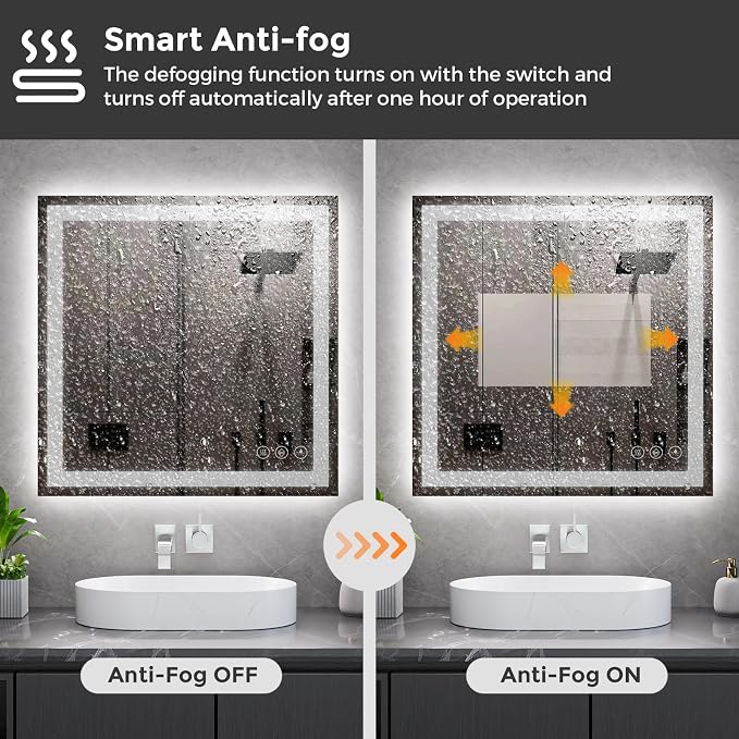 Koonmi 30x30 LED Bathroom Mirror with Light, Anti-Fog, 3 Colors | Backlit + Front Lit, Dimmable Brightness, Shatterproof HD Distortion-Free Tempered Glass, Hardware Included