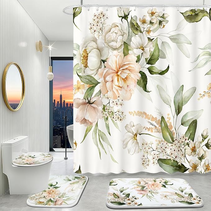 Flower Bathroom Set with Shower Curtains and Rugs | 120gsm Bathroom Curtain Set with Brushed Metal Hooks