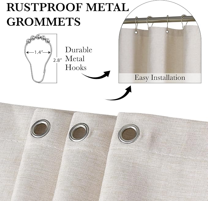 KGORGE Scalloped Shower Curtain for Bathroom with 12 Metal Hooks, Linen Textured Privacy Waterproof Boho Cute Heavy Duty Farmhouse Shower Curtains for Home Decor Bathtub, Linen, 72 x 72 inches Long