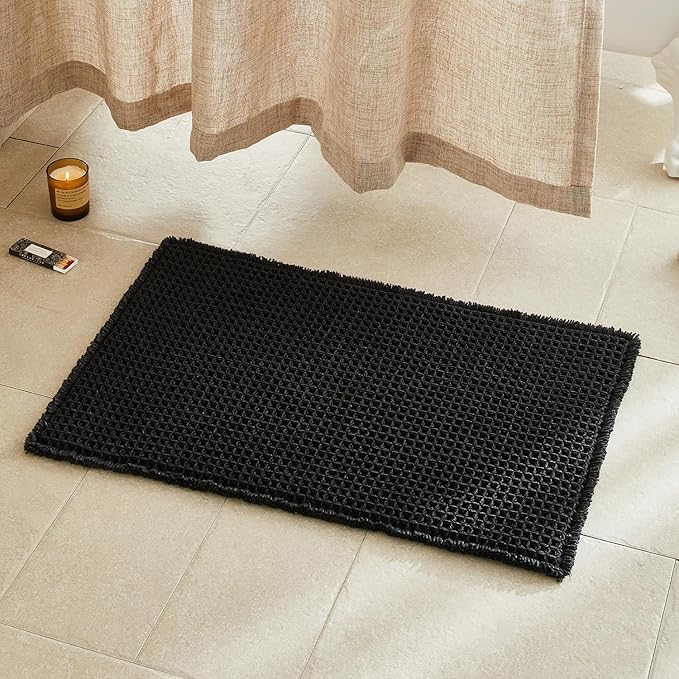 TYUU Black Waffle Bath Mat, Boho Bathroom Rugs Non Slip Washable, 30x20 | Super Absorbent Quick Dry Bath Rug, Non-Slip Backing, Soft Waffle Washable Farmhouse Bathroom Mats, Tub, Shower & Home Decor
