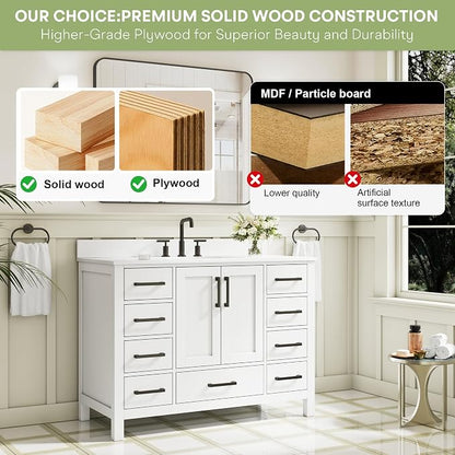 48-Inch Bathroom Vanity with Sink, 2 Soft-Close Doors and 9 Soft-Close Drawers, Bathroom Freestanding Vanity with Cultured Marble Countertop, Bathroom White Vanity with Matte Black Handles