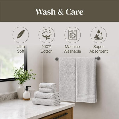 Modern Threads 6 Piece Cotton Bath Towel Set – Ultra Soft 550 GSM Towels – Bathroom Set with Hand Towels and Washcloths – Geometric (Silver Cloud)