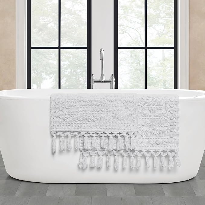 French Connection Nellore Bath Rugs, Set of 2 Woven and Beaded Bath Mats, Durable and Thick Bath Mats for Bathroom and Shower Rugs, 17" x 28" and 20" x 38", White