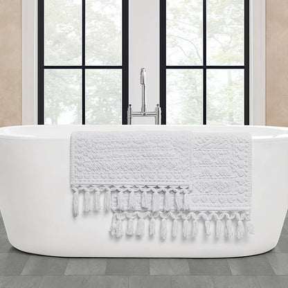 French Connection Nellore Bath Rugs, Set of 2 Woven and Beaded Bath Mats, Durable and Thick Bath Mats for Bathroom and Shower Rugs, 17" x 28" and 20" x 38", White