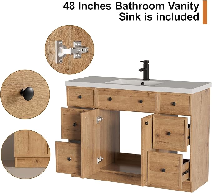 LUCKWIND 48" Farmhouse Bathroom Vanity with Sink Combo, Rustic Modern Bathroom Cabinet with Undermount Solid Surface Single Sink, Soft-Close Hinges & Water-Saving Faucet, Natural