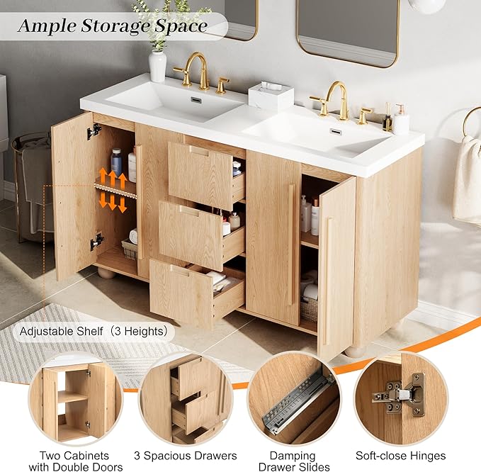 60 Inch Double Bathroom Vanity with Double Sinks, Soft Closing Doors and Drawers, Solid Wood Frame & MDF Modern Bathroom Sink Cabinet, Freestanding, Nature Wood
