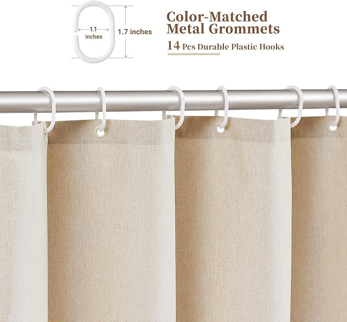 BTTN 84x72 Boho Scalloped Linen Textured Cloth Shower Curtain, Beige/Cream | Wide Size, 230GSM Waterproof Polyester, Heavy Duty Fabric, 14 Plastic Hooks, Elegant Modern Farmhouse Style, Machine Washable