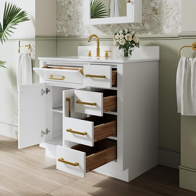 36-Inch Bathroom Vanity with Sink W/ 2 Doors & 4 Drawers & 1 Flip Drawer, White Vanity W/Brushed Gold Handles