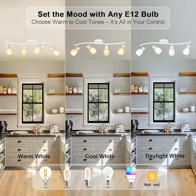 HiBay 4-Light Track Lighting White, Adjustable Modern Ceiling Light Fixture | with Glass Shades, Flush Mount Ceiling Wall Spotlight Indoor for Bathroom, Kitchen, Living Room, E12 Base, No Bulbs
