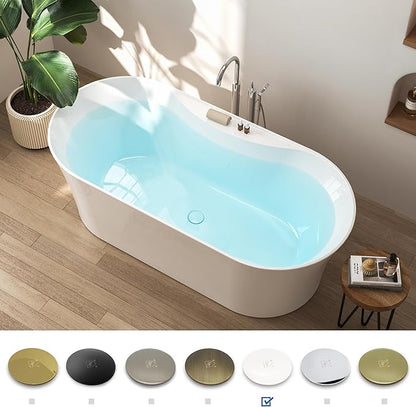 FerdY Santorini 67" Acrylic Freestanding Tub, Gracefully Shaped Contemporary Soaking Tub, Glossy White, cUPC Certified, White Toe-tap Drain and