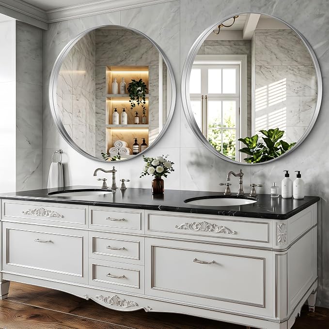 Silver Round Mirror 42 inch Deep Frame Circle Mirror, Metal Framed Bathroom Mirror, Round Vanity Mirror, Circle Mirrors for Wall Entryway Bedroom Living Room Hallway