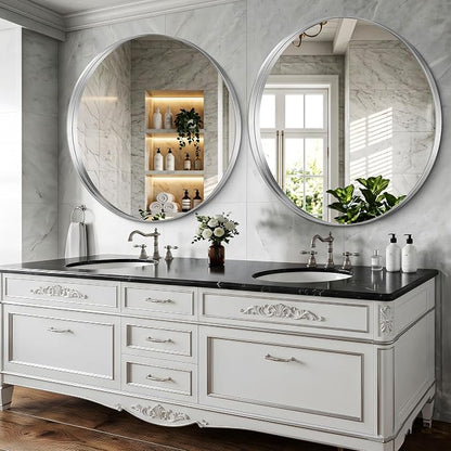 Silver Round Mirror 42 inch Deep Frame Circle Mirror, Metal Framed Bathroom Mirror, Round Vanity Mirror, Circle Mirrors for Wall Entryway Bedroom Living Room Hallway