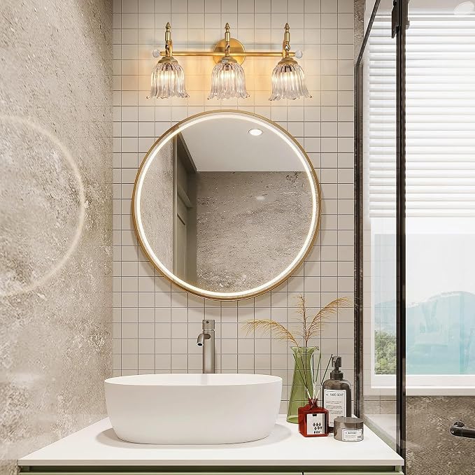 CVKASH 3-Light Bathroom Vanity Light Fixtures Over Mirror,Brushed Gold Modern Vanity Lights with Glass Shade Vintage Wall Sconce for Bedroom Dressing Room Living Room Hallway Cabinet