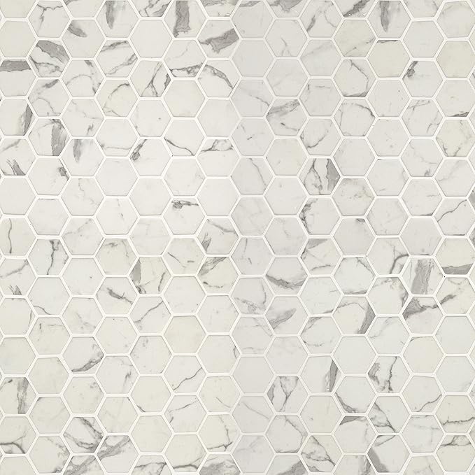 MSI Statuario Celano Hexagon Glass Tile for Kitchen Backsplash, Wall Tile for Bathroom, Accent Wall Tile, and Shower Wall Tile