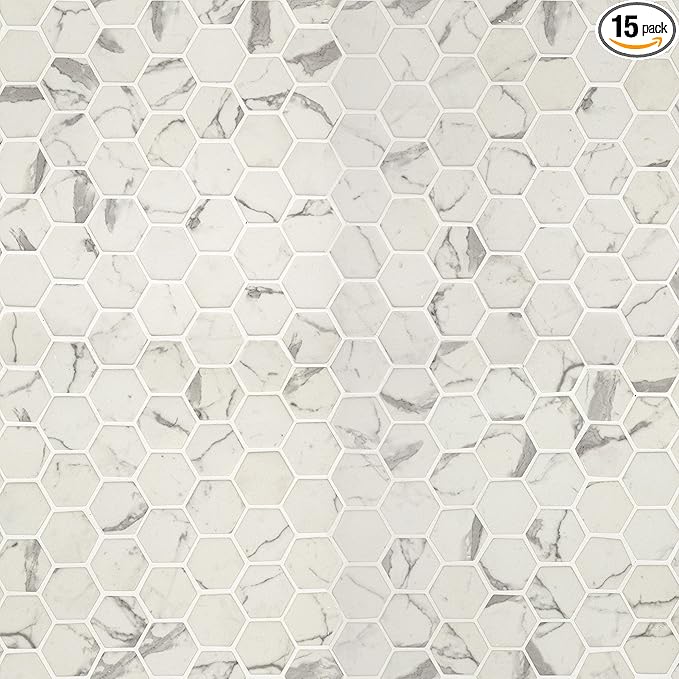 MSI Statuario Celano Hexagon Glass Tile for Kitchen Backsplash, Wall Tile for Bathroom, Accent Wall Tile, and Shower Wall Tile, 12.75 in. x 11.02 in. Mesh-Mounted Mosaic Tile, White