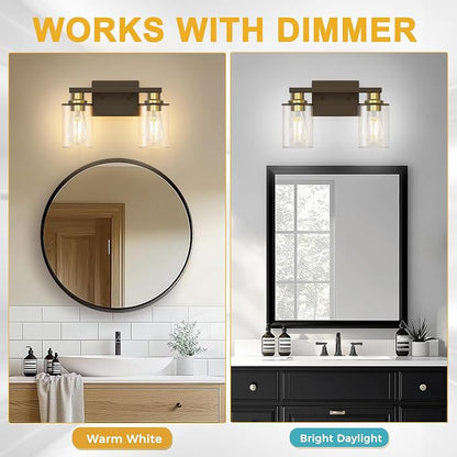 L LOHAS LED 2-Light Bathroom Vanity Light, Black and Gold | Clear Glass Shades; Black and Gold Bathroom Light Fixture; ETL Listed