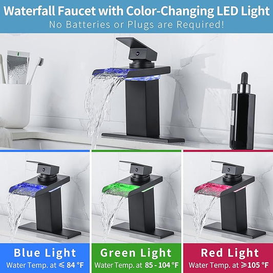 LED Bathroom Sink Faucet - Matte Black Single Hole or 4 Inch Centerset Waterfall Faucet with Stainless Steel Spout and Temperature-Sensitive LED Lights, Includes Deck Plate