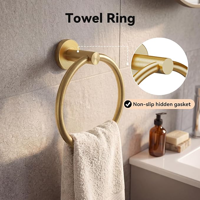 Gold 5-Piece Bathroom Hardware Set, 23.6 Inch Towel Bar Set SUS304 Stainless Steel Towel Racks for Bathroom Round Towel Bar, Towel Ring, Toilet Paper Holder, 2 Robe Hooks, Wall Mounted