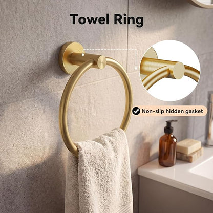 Gold 5-Piece Bathroom Hardware Set, 23.6 Inch Towel Bar Set SUS304 Stainless Steel Towel Racks for Bathroom Round Towel Bar, Towel Ring, Toilet Paper Holder, 2 Robe Hooks, Wall Mounted