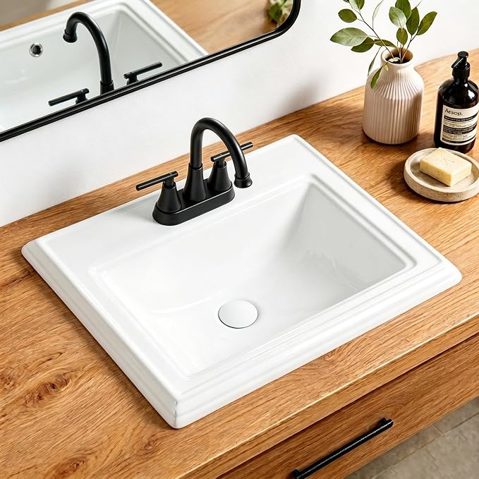 23" Drop-in Bathroom Sink with 4" Centerset 3 Hole Ceramic Basin | 23.2"x18.3", White Premium Porcelain, Self-Rimming Rectangle Design,Semi-recessed for Master Bath, Guest Powder Room Remodel