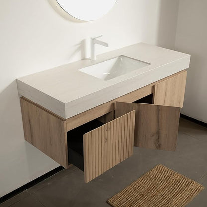 Ambrovina 48 inch Bathroom Vanity with Sink, Wall Mounted Bathroom Vanities with Drawer and 2 Doors, Roma Travertine-Pattern Countertop and Ceramic Basin, Pre-Assembled, Light Wooden Color