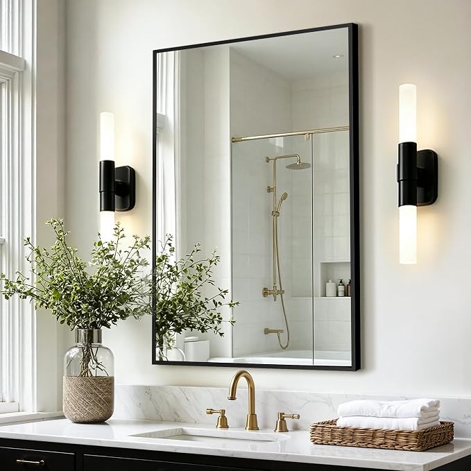 Bathroom Vanity Mirror for Over Sink, 30x20 Inch Matte Black Mirror | Shatterproof Tempered Glass, Anti-Rust Metal Frame, Rectangle Wall Mirrors for Bedroom, Living Room & Entryway
