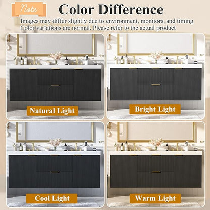 60" Bathroom Vanity with Sink Combo, Floating Double Sink Bathroom Vanity with SMC Resin Top, MDF Cabinet with Solid Wood Frame, Wall-Mounted Bath Room Vanities for Large Bathrooms(Black)