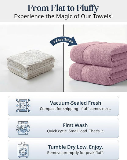 LANE LINEN Large Bath Towel Set Absorbent Quick Dry 6 Piece - Wishful Mauve | Cotton Towels - Fade-Resistant Color, Classic Terry Weave, Densely Woven, Coordinated Colors, Dobby Border Accent