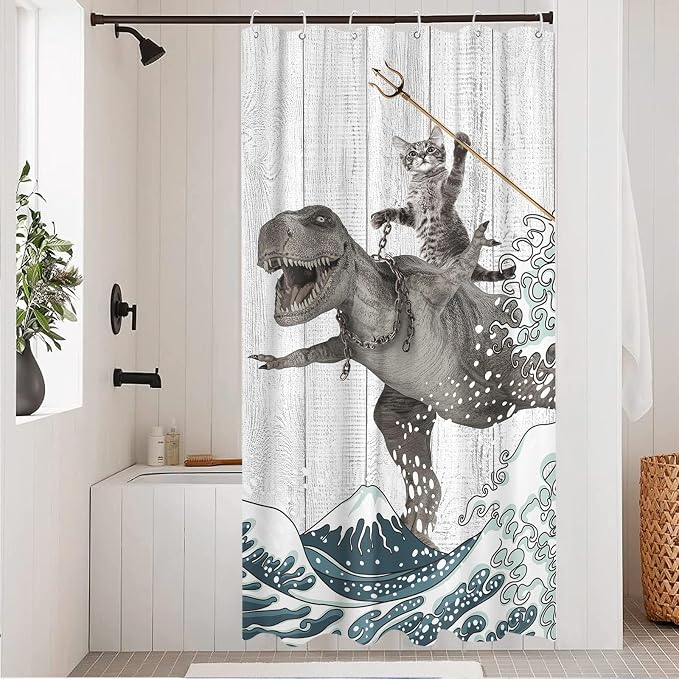 Fungarth Funny Cat Shower Curtain Dinosaur Ocean Sea Wave Shower Curtains for Bathroom Cool Waterproof Fabric Rustic Wooden Farmhouse Bath Curtain Decor (Gray1, 36” x 72”)