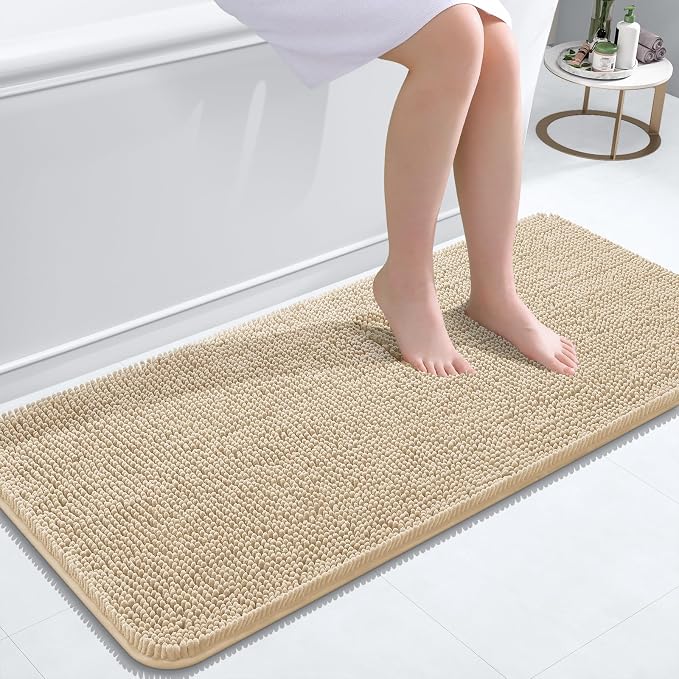 OLANLY Bathroom Runner Rugs 47x20, Extra Soft Absorbent Chenille Bath Rugs | Beige, Quick-Drying Rubber Backing, Machine Washable Long Bath Mat for Bathroom Floor, Tub and Shower, Home Decor Accessories