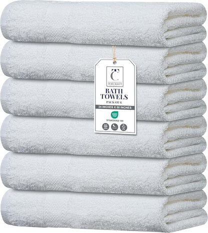 Large Bath Towels Set of 6 – 100% Cotton Terry – 24" x 50" – Quick Dry, Soft & Highly Absorbent – White Towels for Bathroom, Gym, Spa, Pool & Daily Use