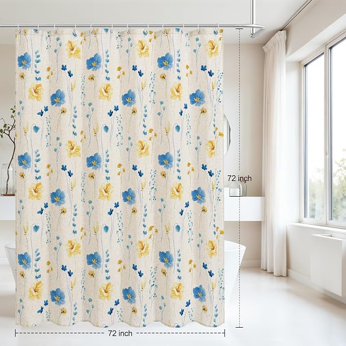 BlueYellow Linen Watercolor Floral Fabric Shower Curtain, 72x72 | Linen Fabric, Modern Minimalist Floral Print, Machine Washable, Rustproof Grommets, for Bathroom Home