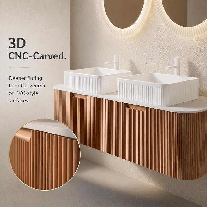 60 Inch Double Sink Bathroom Vanity, Floating Wall Mounted Cabinet, Natural Woodgrain Curved Fluted Front, Stone Top, Dual White Textured Rectangular Vessel Basins, Pre-Assembled