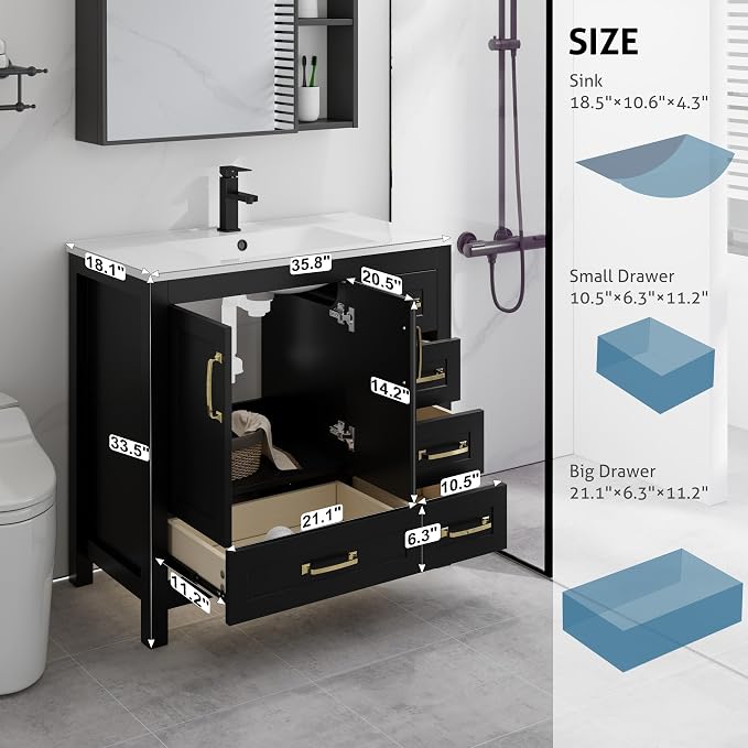 LUCKWIND 36" Bathroom Vanity and Sink Combos, Modern Bathroom Storage Cabinet with Ceramic Sink, Matte Black Faucet and 5 Drawers, Mirror is NOT Included, Black