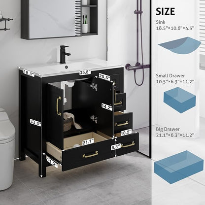 LUCKWIND 36" Bathroom Vanity and Sink Combos, Modern Bathroom Storage Cabinet with Ceramic Sink, Matte Black Faucet and 5 Drawers, Mirror is NOT Included, Black