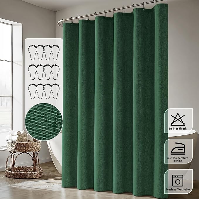 ANRODUO Dark Green Extra Long Linen Fabric Shower Curtain Set - W72xL108 | Farmhouse Shower Curtain with 12 Metal Hooks, Waterproof Heavy Duty, Button Hole Design, Machine Washable for Bathroom