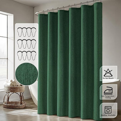 ANRODUO Dark Green Linen Textured Fabric Shower Curtain Set - W72xL72 | Farmhouse Shower Curtain with 12 Metal Hooks, Waterproof Heavy Duty, Button Hole Design, Machine Washable for Bathroom