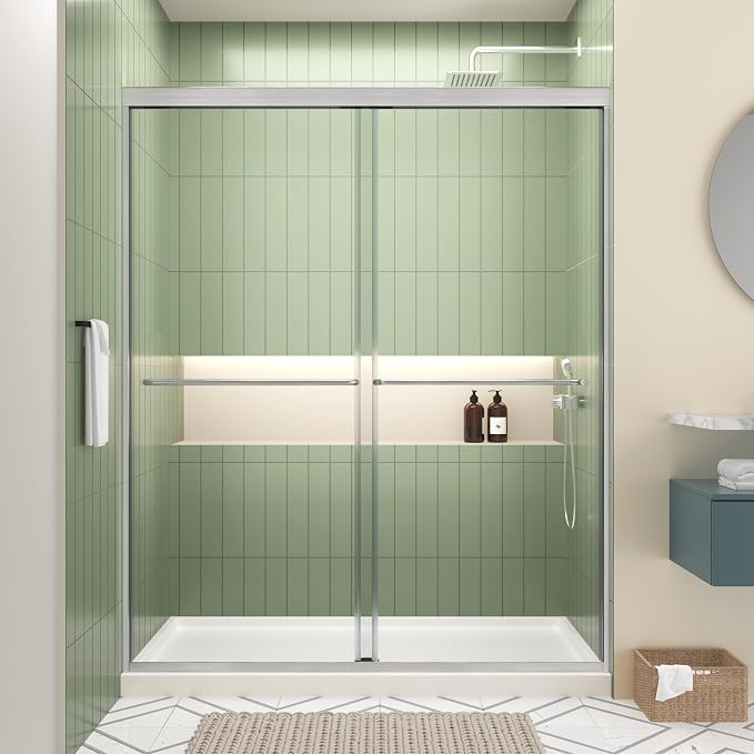 ACE DECOR Double Sliding Shower Door,44-48" W x 70" H,Brushed Nickel Finish | Bypass Semi-Frameless Shower Doors, 6mm Clear SGCC Tempered Glass, Easy-Clean Nano Coating&Leak-proof&Reversible Installation